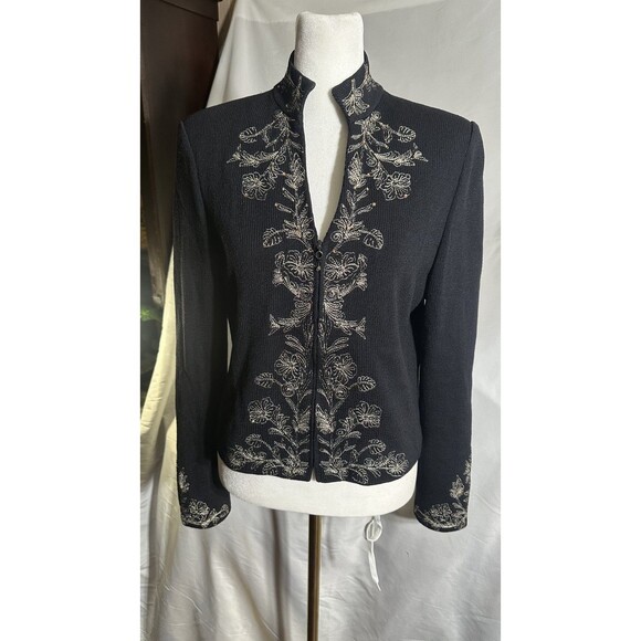 St. John Evening Knit Jacket Gold Floral and Sparkle Trim Zip Closure Sz. 6